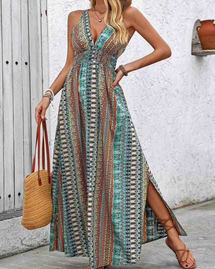Vacation Style V-Neck Maxi Dress, Polyester Floral and Striped Print, Sleeveless Shirred Waist Fitted Long Dress, with Cross Hem, for Summer