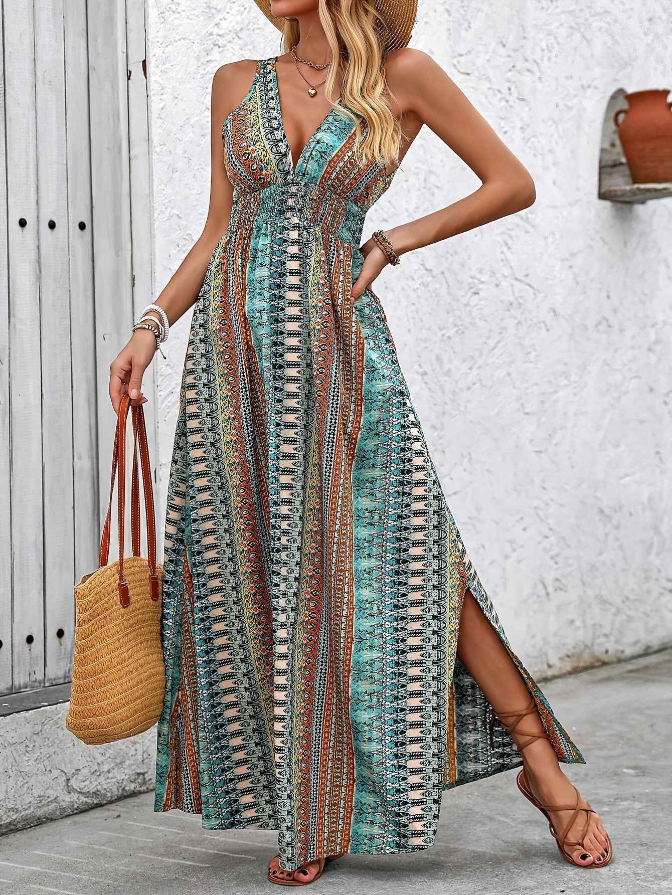 Vacation Style V-Neck Maxi Dress, Polyester Floral and Striped Print, Sleeveless Shirred Waist Fitted Long Dress, with Cross Hem, for Summer