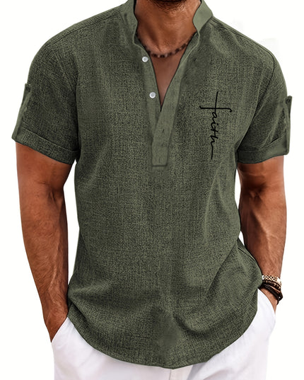Men's Letter Print "FAITH" Short Sleeve Stand Collar Henley Shirt, Casual And Chic Tops For Summer Business And Outdoors Leisurewear - SeviSa