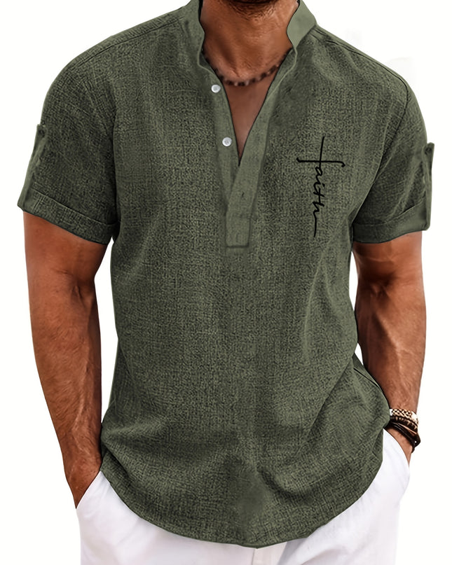 Men's Letter Print "FAITH" Short Sleeve Stand Collar Henley Shirt, Casual And Chic Tops For Summer Business And Outdoors Leisurewear - SeviSa