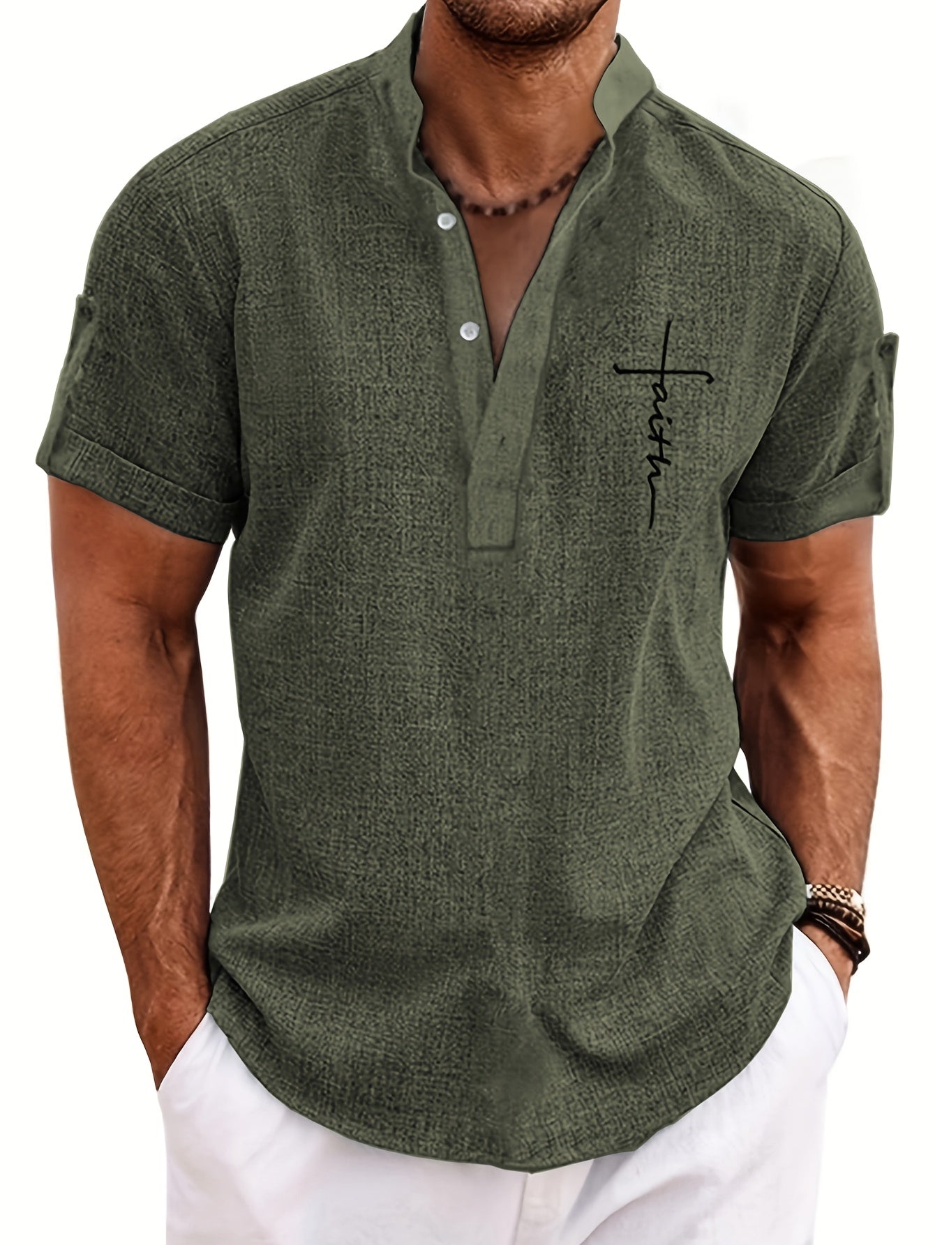 Men's Letter Print "FAITH" Short Sleeve Stand Collar Henley Shirt, Casual And Chic Tops For Summer Business And Outdoors Leisurewear - SeviSa