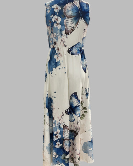 Women's Floral & Butterfly Print V-Neck Sleeveless Dress - Fitted Top & Flowy Skirt, Breathable All-Season Casual Outdoor Dress, Machine Washable, Seasonal Fashion, Sophisticated Casual, Comfortable Fit - SeviSa