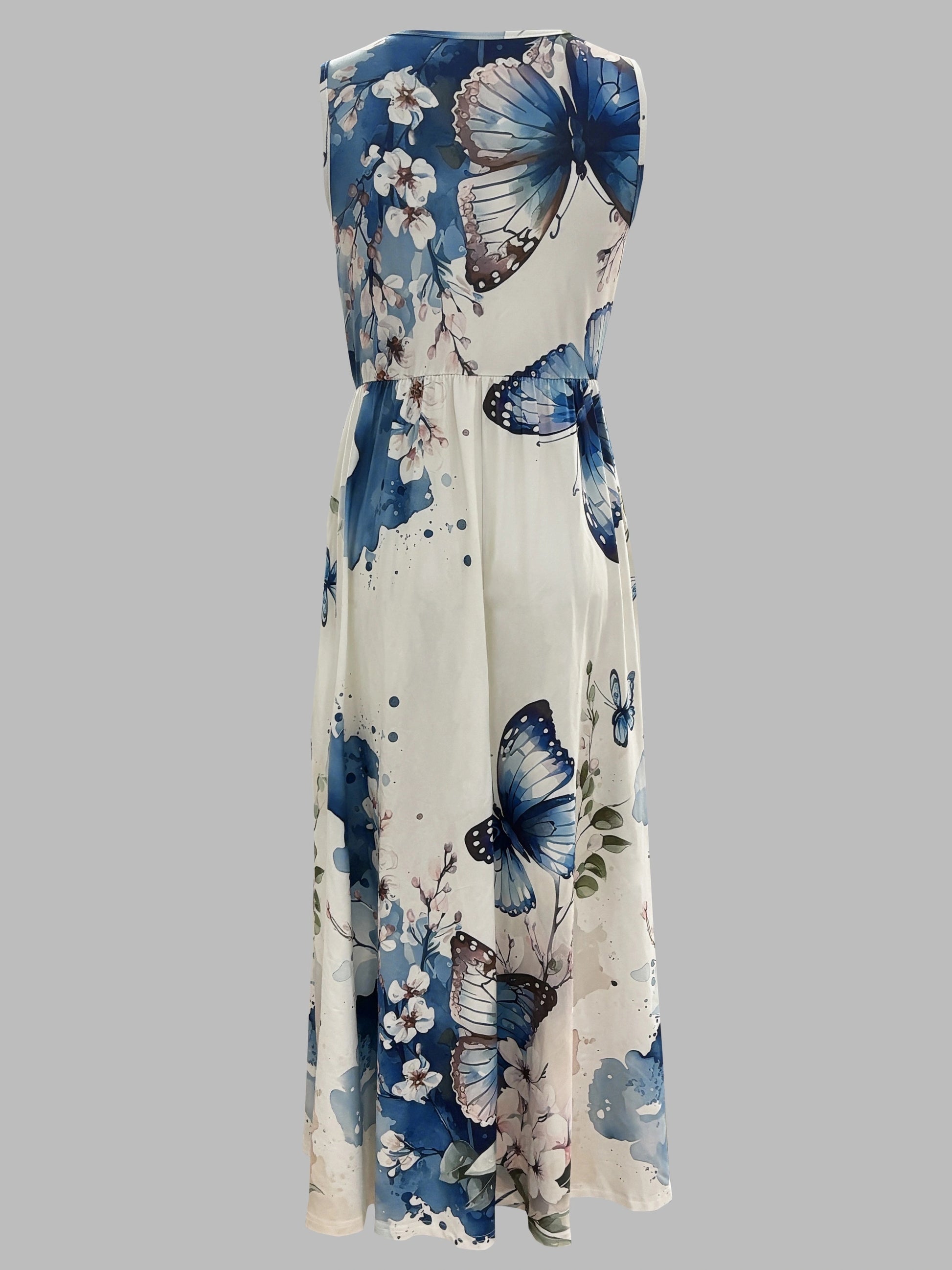 Women's Floral & Butterfly Print V-Neck Sleeveless Dress - Fitted Top & Flowy Skirt, Breathable All-Season Casual Outdoor Dress, Machine Washable, Seasonal Fashion, Sophisticated Casual, Comfortable Fit - SeviSa