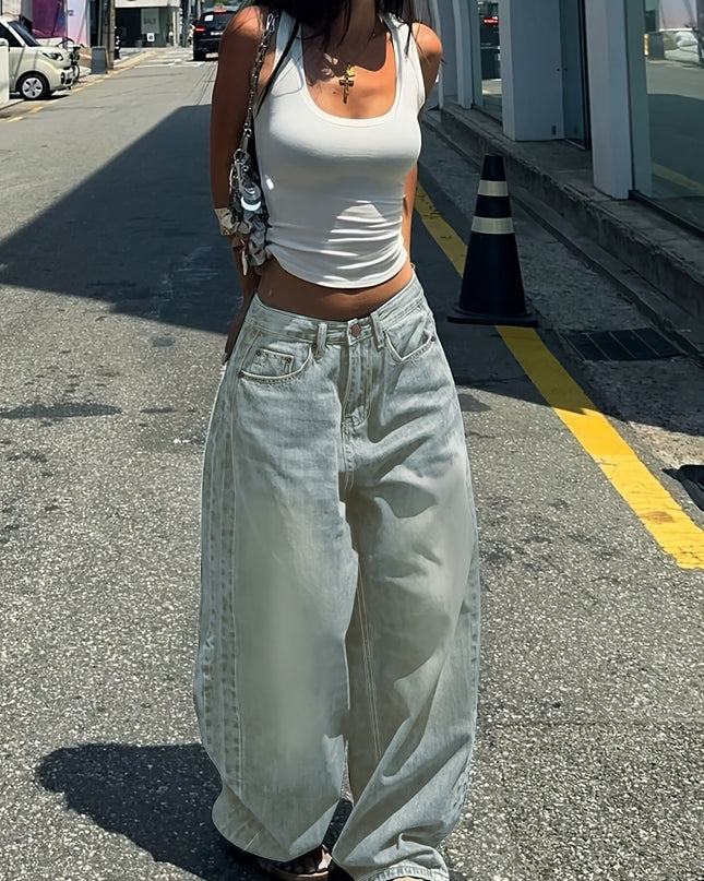 Vintage-Inspired Washed Blue Straight-Leg Jeans for Women - Casual Loose Fit, Versatile Denim Pants with Slash Pockets - SeviSa