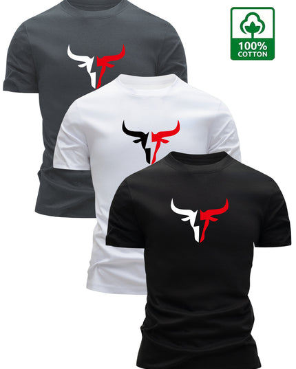 3pcs Men's 100% Cotton Graphic T-Shirts - Bold Bull Head & Letter Print, Slim Fit Short Sleeve Round Neck Tees for Summer Casual Wear, Breathable & Machine Washable, Everyday Comfort | Durable Fabric - SeviSa