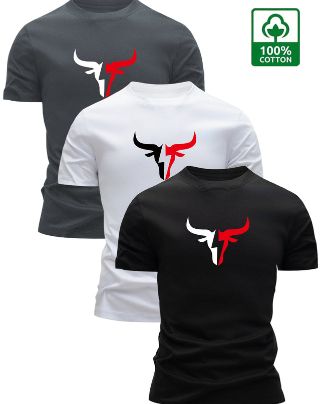 3pcs Men's 100% Cotton Graphic T-Shirts - Bold Bull Head & Letter Print, Slim Fit Short Sleeve Round Neck Tees for Summer Casual Wear, Breathable & Machine Washable, Everyday Comfort | Durable Fabric - SeviSa