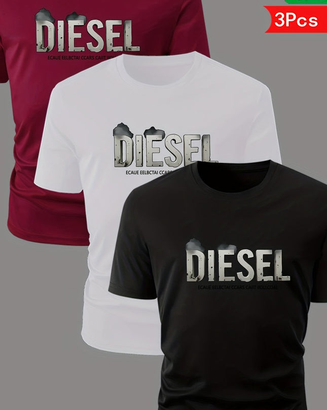 3pcs Men'S Diesel Graphic T-Shirts - 100% Cotton Breathable Summer Short Sleeve Tops, Regular Fit Round Neck Casual Tees with Bold Diesel Logo for Outdoor & Casual Attire, Machine Washable, Everyday Tshirt, Bold Graphic Tee, - SeviSa