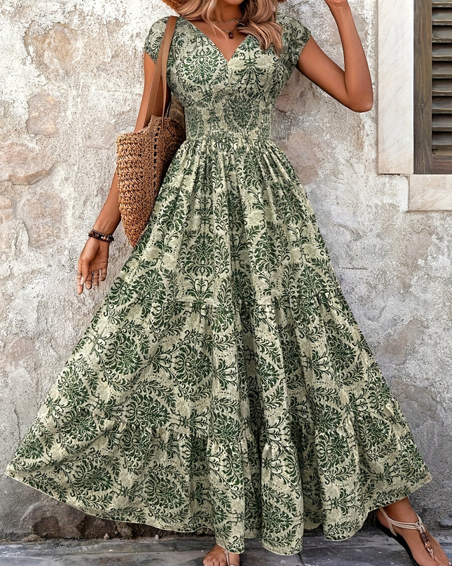 V-Neck Ruffled Hem Maxi Dress - Summer Beach Skirt with Floral Print, Cinched Waist & Flared Skirt, Lightweight Polyester for Adults, Beach Dresses - SeviSa