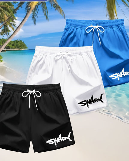 3pcs Men's Swim Trunks - Quick-Dry Beach Shorts with Adjustable Drawstring Waist, Shark Graphic Prints in Red, Black, Light Blue - Lightweight Swimwear for Surfing, Pool, Vacation - Non-Stretch Fabric for Board Sports Stabili - SeviSa