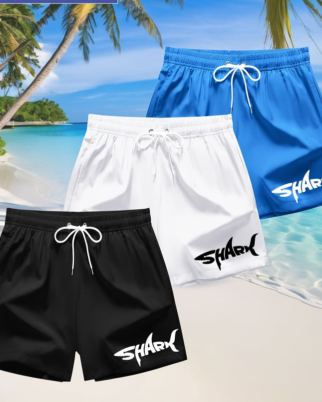 3pcs Men's Swim Trunks - Quick-Dry Beach Shorts with Adjustable Drawstring Waist, Shark Graphic Prints in Red, Black, Light Blue - Lightweight Swimwear for Surfing, Pool, Vacation - Non-Stretch Fabric for Board Sports Stabili - SeviSa