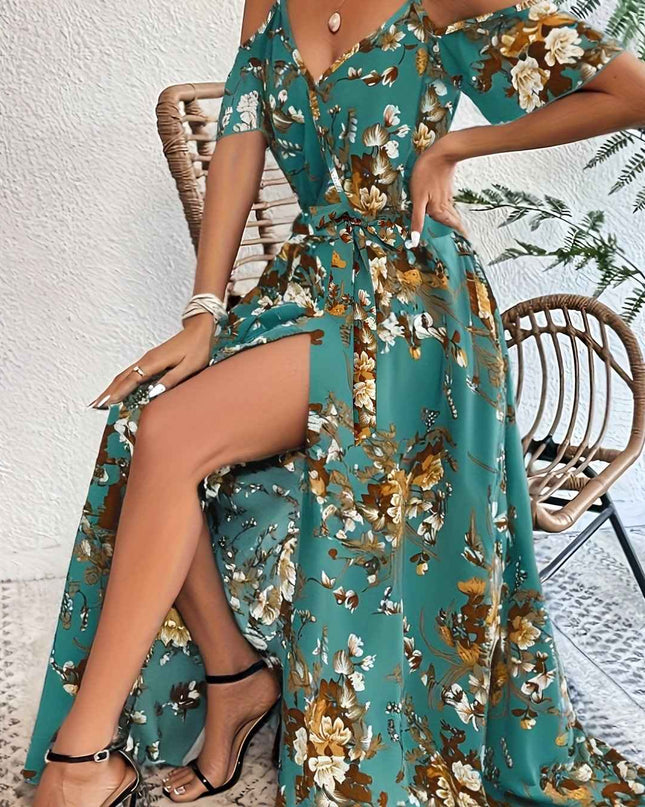 Elegant Floral Print V-Neck Maxi Dress with Tie-Waist and Ruffle Detail - Sleeveless, Flowy A-Line Skirt for Women, Perfect for Summer, Elegant Event Wear|Floral Print Dress|Polyester Fabric