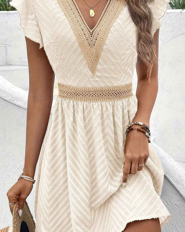Elegant French Lace V-Neck A-Line Dress for Women - Chic Summer Sleeveless Dress with Contrast Lace Detailing, Lightweight Polyester Blend, Perfect for Casual or Formal Occasions, Lace Dress