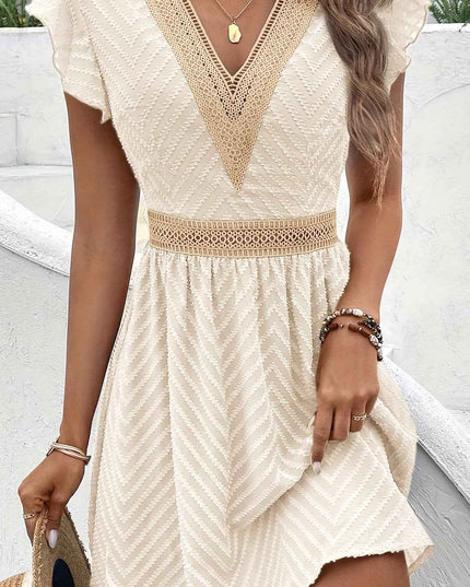Elegant French Lace V-Neck A-Line Dress for Women - Chic Summer Sleeveless Dress with Contrast Lace Detailing, Lightweight Polyester Blend, Perfect for Casual or Formal Occasions, Lace Dress