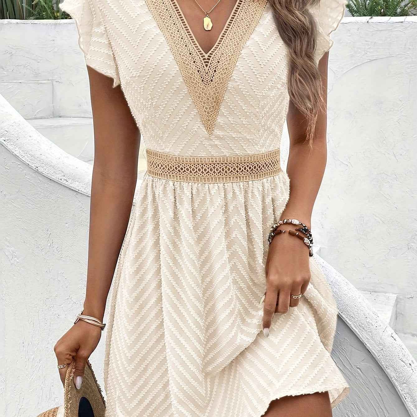 Elegant French Lace V-Neck A-Line Dress for Women - Chic Summer Sleeveless Dress with Contrast Lace Detailing, Lightweight Polyester Blend, Perfect for Casual or Formal Occasions, Lace Dress