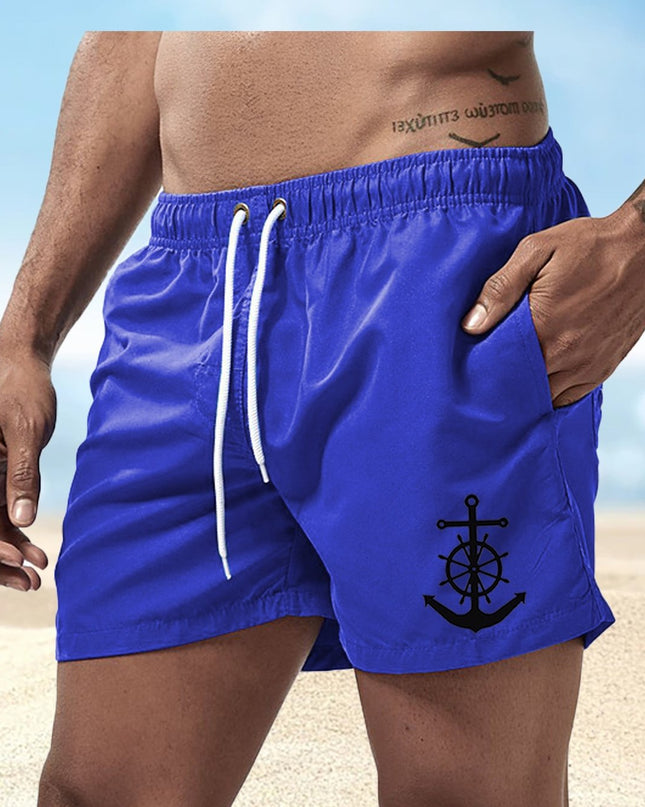 Men's Quick-Dry Swim Shorts - Navy Blue Board Shorts with Anchor design, Elastic Drawstring Waist - Lightweight Beach Swim Trunks for Surfing, Swimming, Gym, Vacation - Fast-Drying Quick Suit for Ocean & Pool Activities, Swim - SeviSa