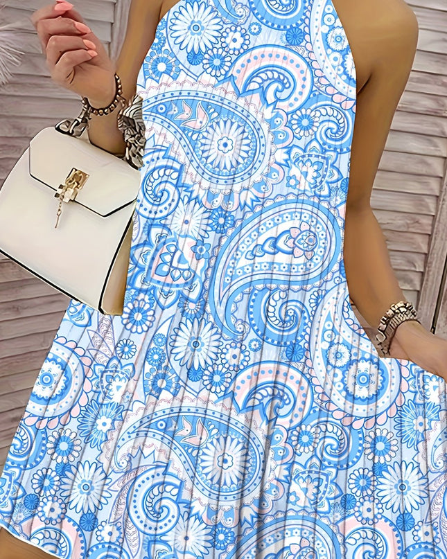 2024 European And American Summer New Geometric Pattern Printed Sleeveless Pleated Off-Shoulder Vacation Style Dress - SeviSa