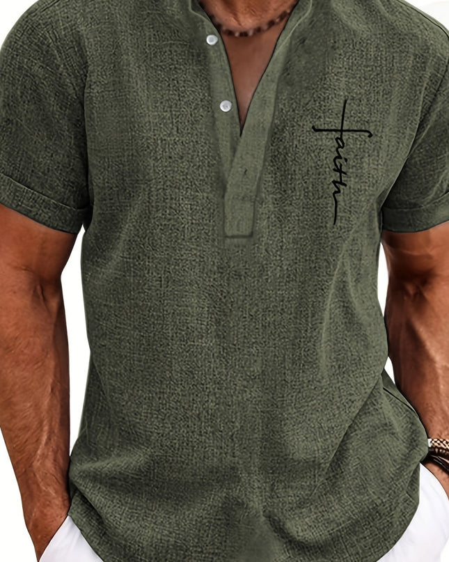 Men's Letter Print "FAITH" Short Sleeve Stand Collar Henley Shirt, Casual And Chic Tops For Summer Business And Outdoors Leisurewear - SeviSa