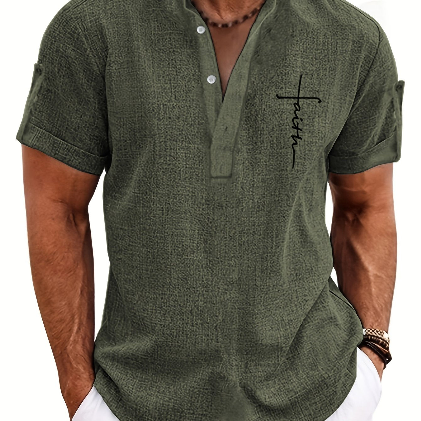 Men's Letter Print "FAITH" Short Sleeve Stand Collar Henley Shirt, Casual And Chic Tops For Summer Business And Outdoors Leisurewear - SeviSa