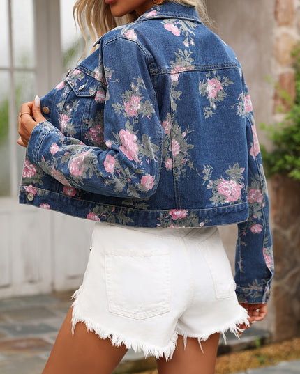 Women's Elegant Floral Print Denim Jacket, Stylish Cropped Outerwear, Casual Fashion Jean Coat For Spring/Summer - SeviSa
