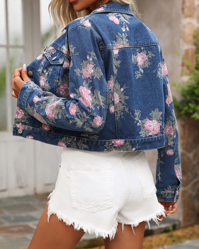 Women's Elegant Floral Print Denim Jacket, Stylish Cropped Outerwear, Casual Fashion Jean Coat For Spring/Summer - SeviSa