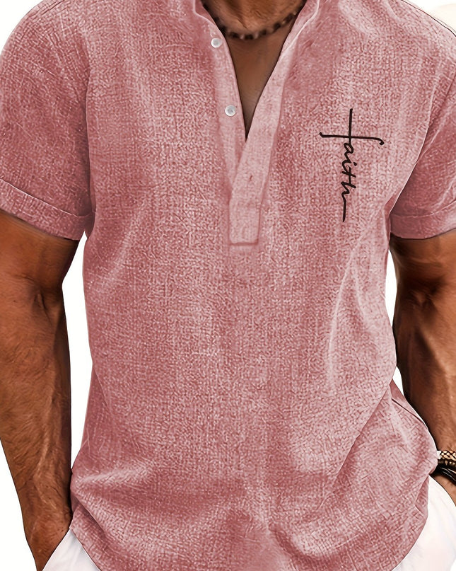 Men's Letter Print "FAITH" Short Sleeve Stand Collar Henley Shirt, Casual And Chic Tops For Summer Business And Outdoors Leisurewear - SeviSa