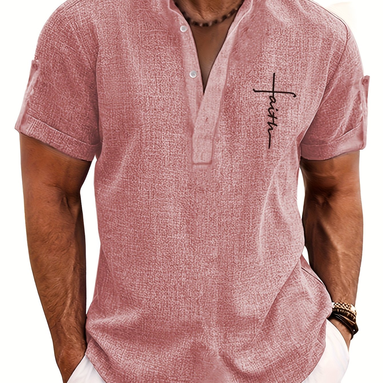 Men's Letter Print "FAITH" Short Sleeve Stand Collar Henley Shirt, Casual And Chic Tops For Summer Business And Outdoors Leisurewear - SeviSa