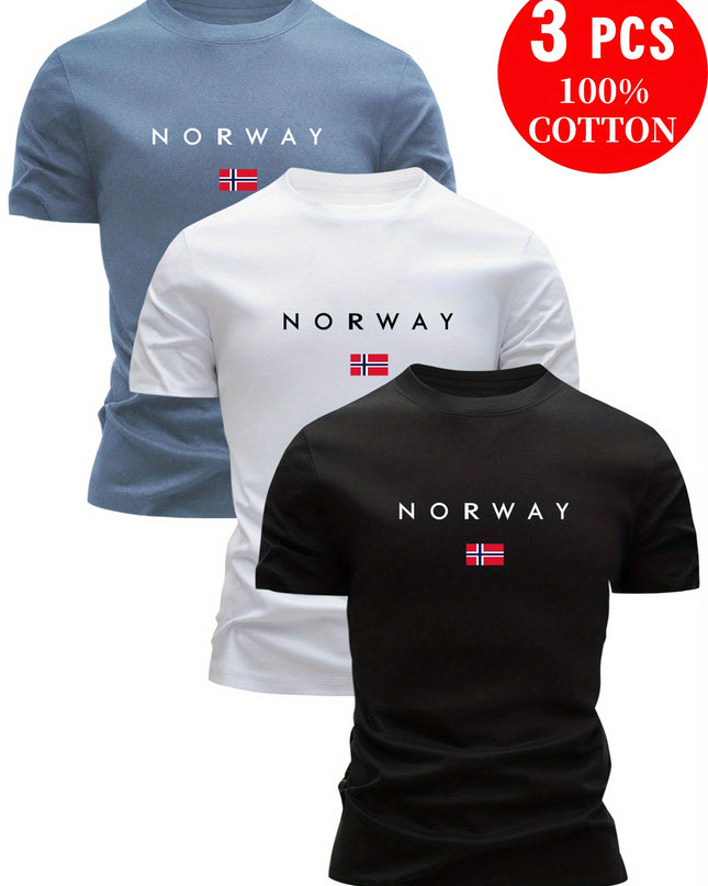 3pcs Men'S 100% Cotton Slim Fit T-Shirts - Breathable Sweat Absorbent Summer Casual Tees with "NORWAY" Graphic Print, Round Neck Short Sleeve for Outdoor & Casual Attire, Comfortable Clothing, Simple Solid Color Design, Breat - SeviSa