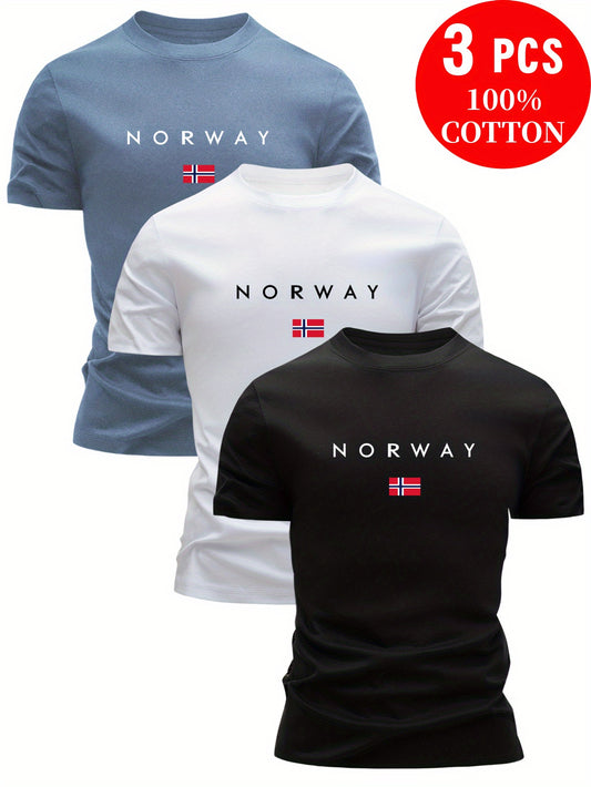 3pcs Men'S 100% Cotton Slim Fit T-Shirts - Breathable Sweat Absorbent Summer Casual Tees with "NORWAY" Graphic Print, Round Neck Short Sleeve for Outdoor & Casual Attire, Comfortable Clothing, Simple Solid Color Design, Breat - SeviSa