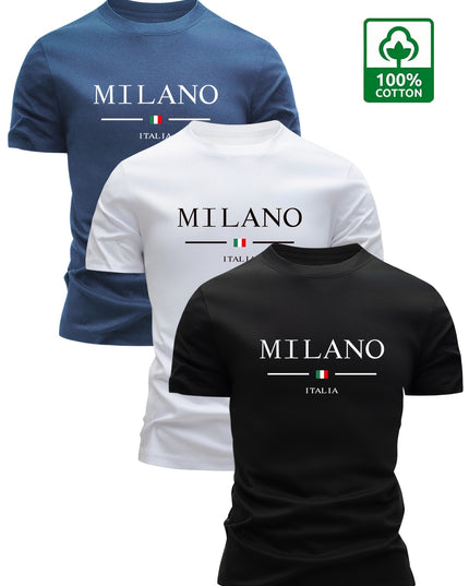 Set of 3 100% Cotton T-Shirts, Casual Letter Print Tees, Men'S Round Neck Tops, Perfect for Summer. - SeviSa