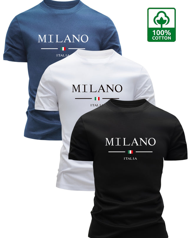 Set of 3 100% Cotton T-Shirts, Casual Letter Print Tees, Men'S Round Neck Tops, Perfect for Summer. - SeviSa