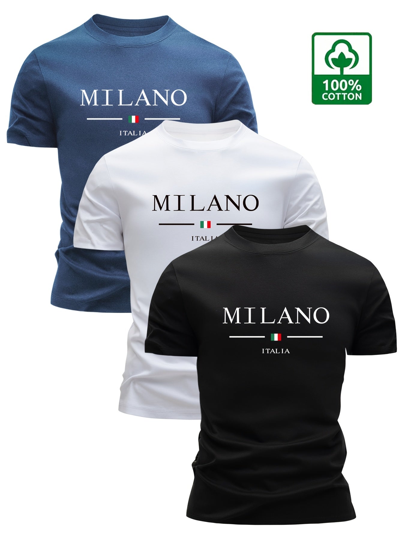 Set of 3 100% Cotton T-Shirts, Casual Letter Print Tees, Men'S Round Neck Tops, Perfect for Summer. - SeviSa