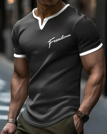 Men's Alphabet Print "FREEDOM" Waffle Knit T-shirt, V-neck And Short Sleeve Tee, Tops Perfect For Summer Fitness And Outdoors Activities - SeviSa
