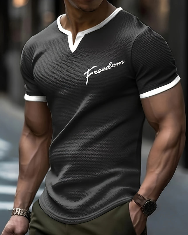 Men's Alphabet Print "FREEDOM" Waffle Knit T-shirt, V-neck And Short Sleeve Tee, Tops Perfect For Summer Fitness And Outdoors Activities - SeviSa