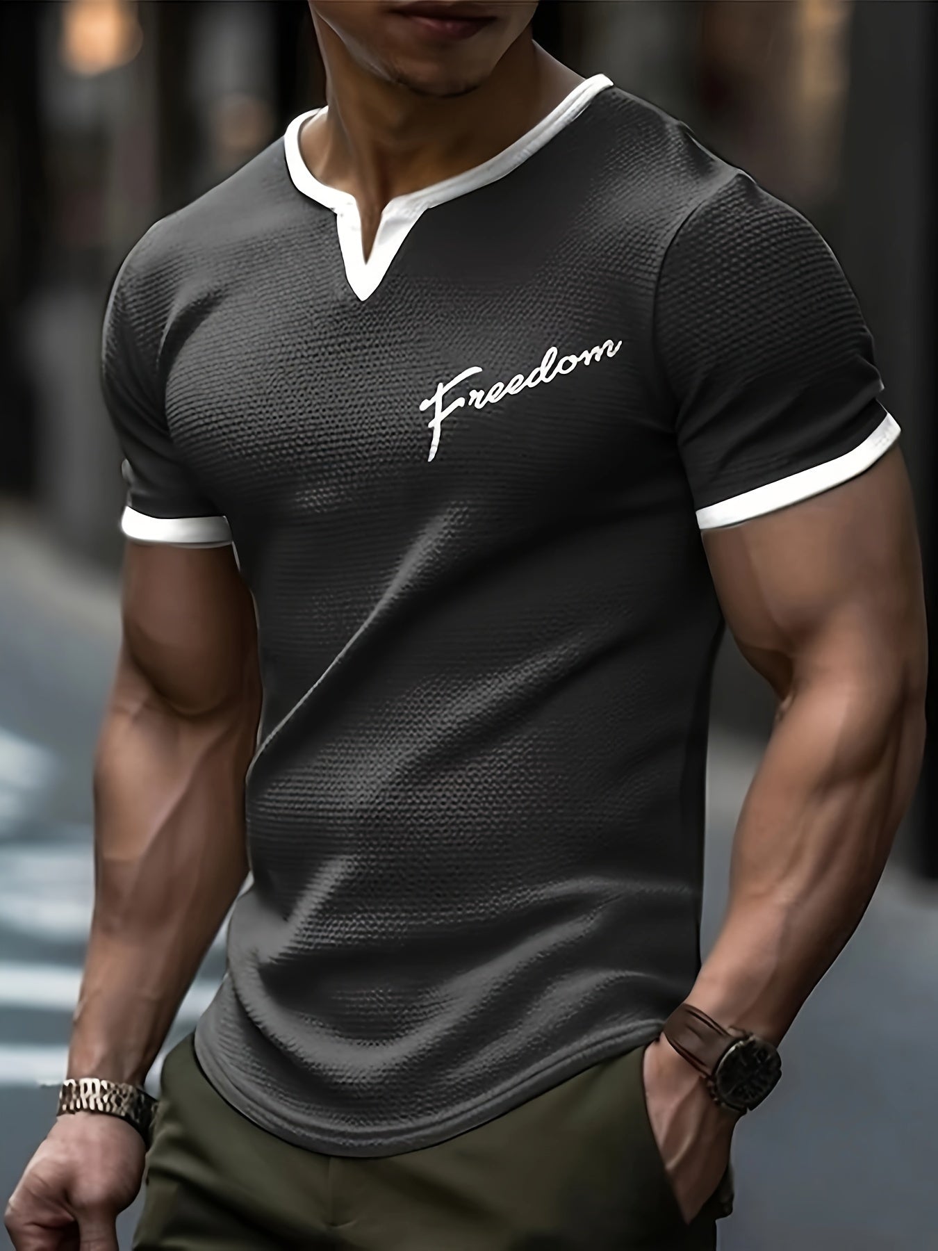 Men's Alphabet Print "FREEDOM" Waffle Knit T-shirt, V-neck And Short Sleeve Tee, Tops Perfect For Summer Fitness And Outdoors Activities - SeviSa