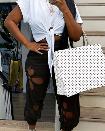 Lässiges, einfarbiges zweiteiliges Set, kurzärmliges T-Shirt mit Bindeband vorne und ausgeschnittene Kleeblatt-Hosen mit hoher Taille, Outfits, Damenbekleidung