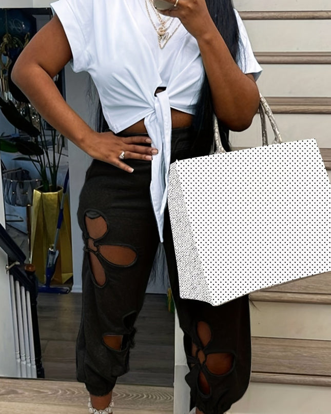 Casual Solid Two-piece Set, Short Sleeve Tie Front T-shirt & Cut Out Clover High Waist Pants Outfits, Women's Clothing