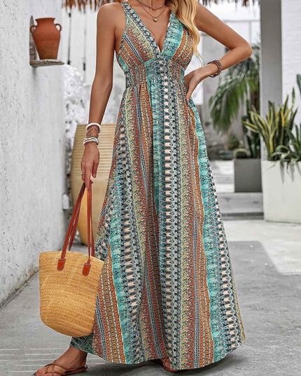 Vacation Style V-Neck Maxi Dress, Polyester Floral and Striped Print, Sleeveless Shirred Waist Fitted Long Dress, with Cross Hem, for Summer