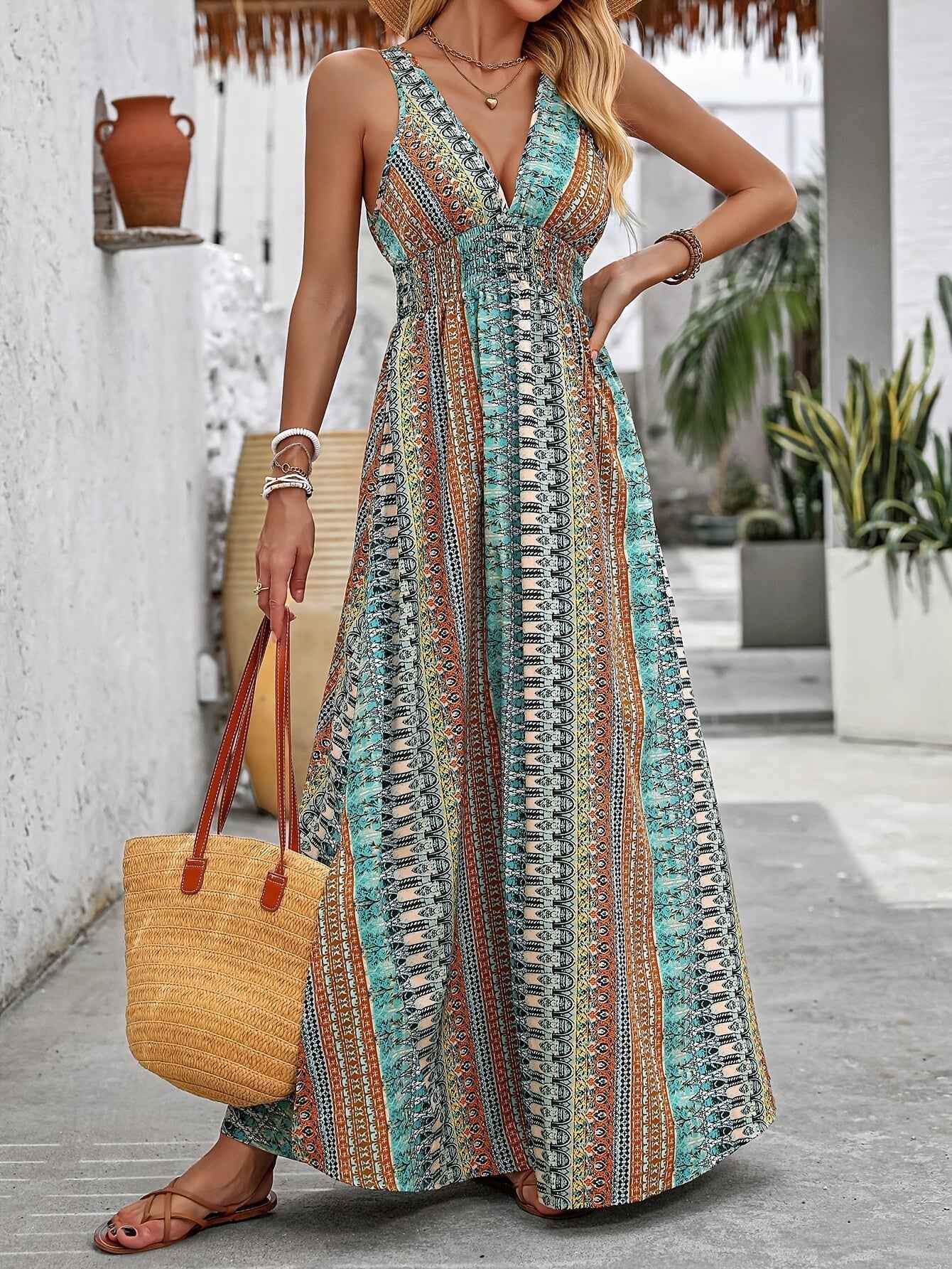 Vacation Style V-Neck Maxi Dress, Polyester Floral and Striped Print, Sleeveless Shirred Waist Fitted Long Dress, with Cross Hem, for Summer