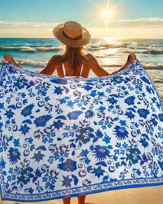 Women's Bohemian Floral Print Semi-Sheer Wrap Cover-Up - Lightweight Beach Wrap Skirt with Blue & White Floral Design, Machine Washable for Poolside & Vacation Wear, Summer Coverup, Stylish Beachwear, Soft Fabric