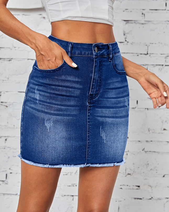 Women'S Casual Denim Skirt - High-Waisted, Frayed Hem, Medium Stretch, Solid Color, Straight Cut, Spring/Summer/Fall Fashion, Jean Skirt - SeviSa
