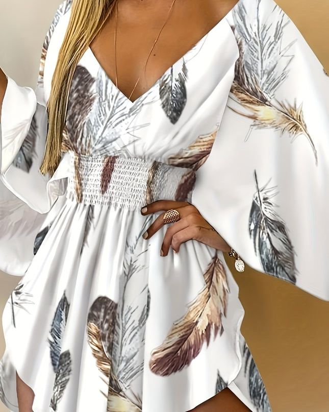 Women's Elegant V-Neck Batwing Sleeve Dress - White with Brown Botanical Print, A-Line Mid-Length Summer Dress, Fitted Top & Flowy Hem, Hand Wash Only, Casual Chic Wear, Natureinspired Print - SeviSa