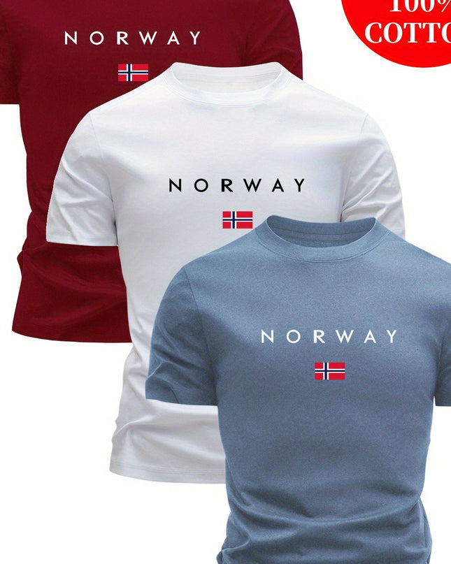 3pcs Men'S 100% Cotton Slim Fit T-Shirts - Breathable Sweat Absorbent Summer Casual Tees with "NORWAY" Graphic Print, Round Neck Short Sleeve for Outdoor & Casual Attire, Comfortable Clothing, Simple Solid Color Design, Breat - SeviSa