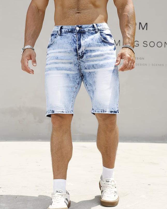 Plus Size Men's Heavy-Distressed Stretch Denim Shorts - Slim Fit Casual Summer Shorts with Pockets, Machine Washable, Blue & White Washed Design, Comfortable Wear, Durable Fabric, PLUS SIZE - SeviSa