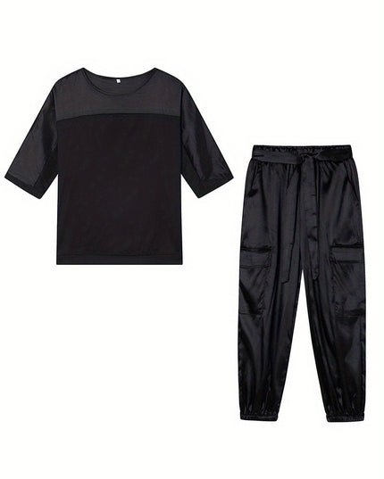 2025 New European and American Cross-Border Fashion Women'S Smooth Satin Half-Sleeve Top and Pants Set, Casual Two-Piece Outfit