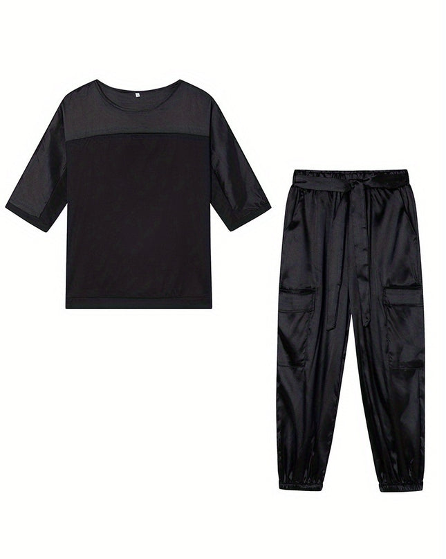 2025 New European and American Cross-Border Fashion Women'S Smooth Satin Half-Sleeve Top and Pants Set, Casual Two-Piece Outfit