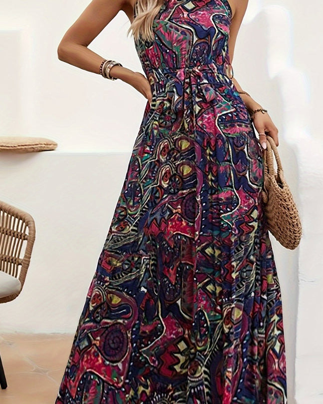 Elegant Bohemian Maxi Dress with Lace-Up Detail - High-Waisted, Sleeveless, Floral Print, Light Brown and Blue, Perfect for Adult Women, All-Season Versatile, Adult Women'S Dress|Floral Print Dress|Laceup Detail - SeviSa