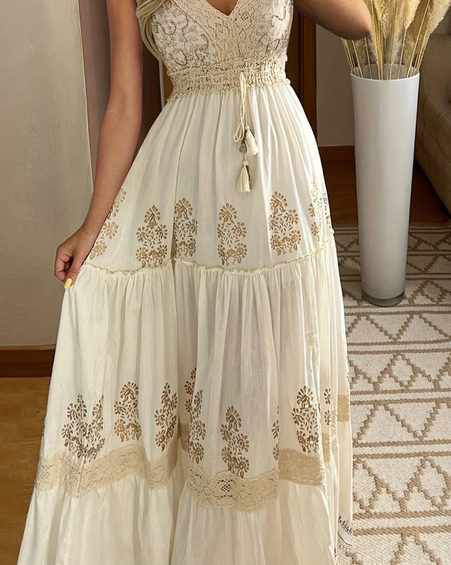 Vintage Floral Lace V-Neck Flare Sleeve Tiered Maxi Dress - Lightweight Breathable Non-Stretch Fabric, Hand Wash Only, Spring Summer Fall Women's Casual & Formal Dress, Lace Dress, Seasonal Fashion, Intricate Embroidery, Vaca - SeviSa
