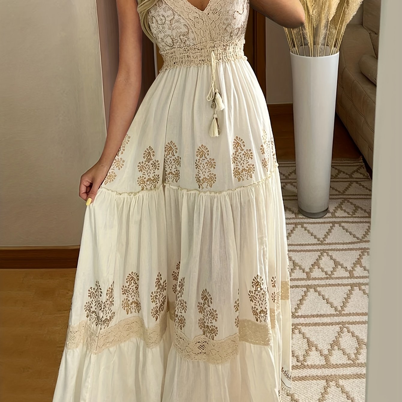 Vintage Floral Lace V-Neck Flare Sleeve Tiered Maxi Dress - Lightweight Breathable Non-Stretch Fabric, Hand Wash Only, Spring Summer Fall Women's Casual & Formal Dress, Lace Dress, Seasonal Fashion, Intricate Embroidery, Vaca - SeviSa
