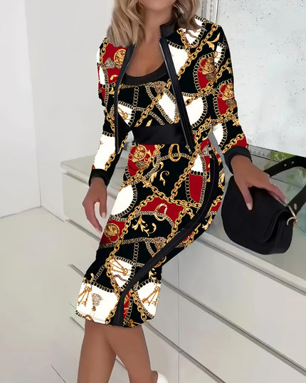 Women'S Geometric Print Zip-Up Jacket and Dress Set - Navy Blue and Yellow, Knit Polyester, Long Sleeve, Zipper Front, All-Season Wear, Stylish Office Attire, Office Attire|Geometric Print|Zippered Jacket