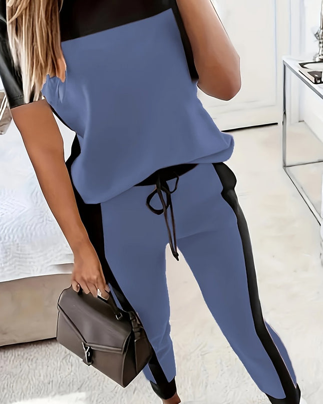 Casual Color Block Short Sleeve Round Neck T-Shirt and Long Pants Two-Piece Set